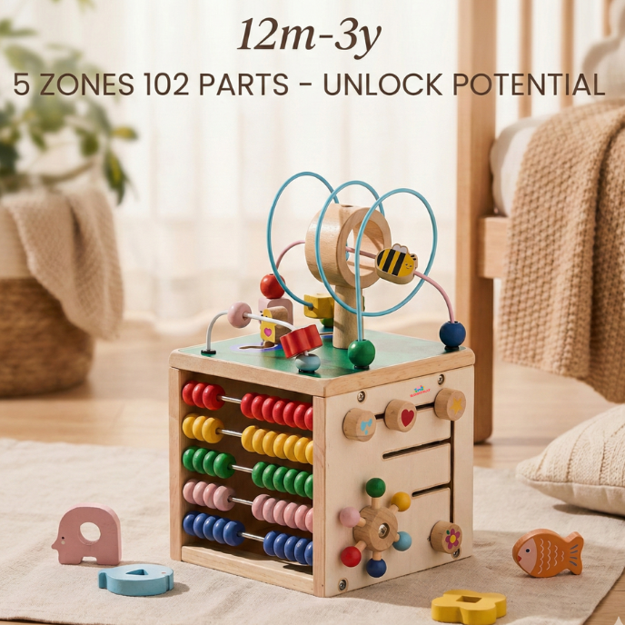 Wooden Activity Cube – 5-in-1 Montessori Learning Toy for Toddlers